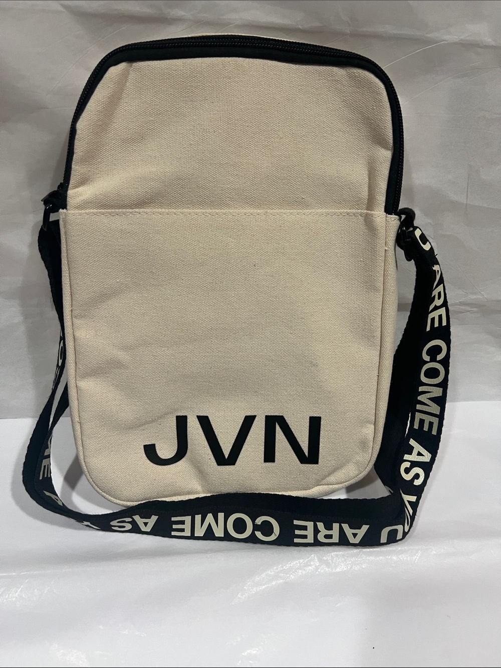 JVN Cream Canvas Messenger Bag with Black Branded Strap, Bible carier